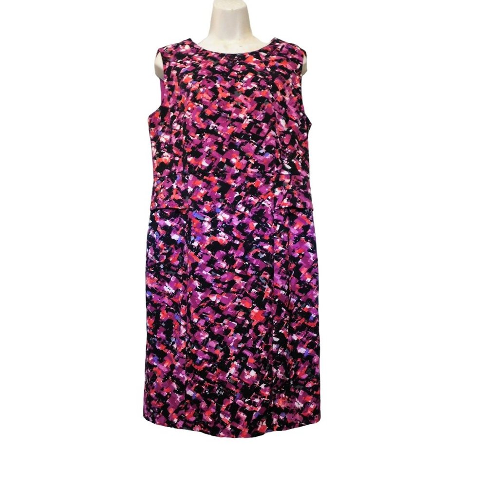 Jones New York Dress 12 Purple Red Black Abstract Print Sleeveless Lined